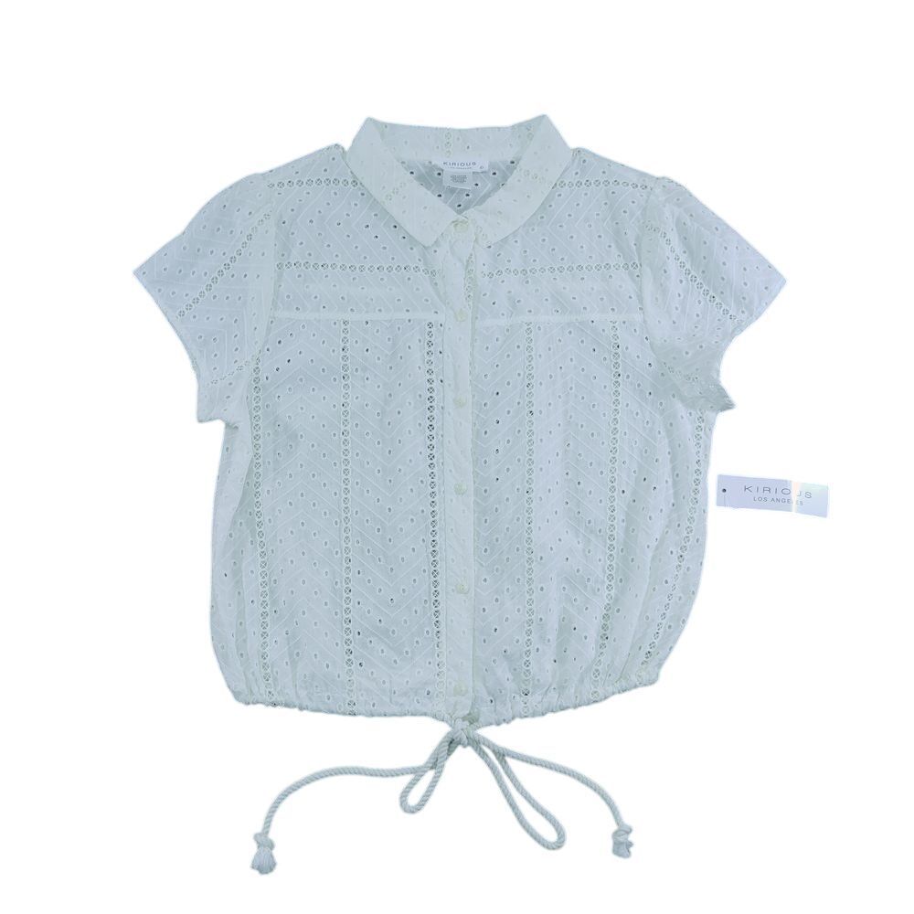 Kirious Eyelet Blouse Drawstring Hem Short Sleeve Ivory Size L
